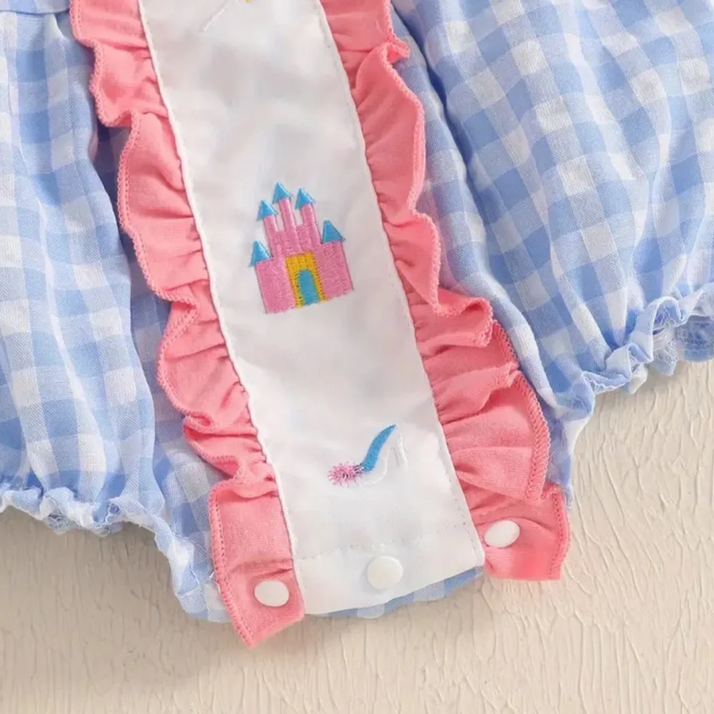 Princess Castle Disney Design Pink & Blue Gingham 6-12 Months Peter Pan Collar